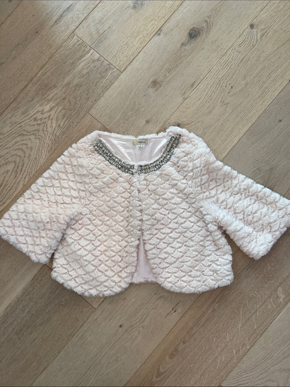 Haani Light Pink Faux Fur Cropped Jacket Cape with Jeweled Rhinestone Trim S
